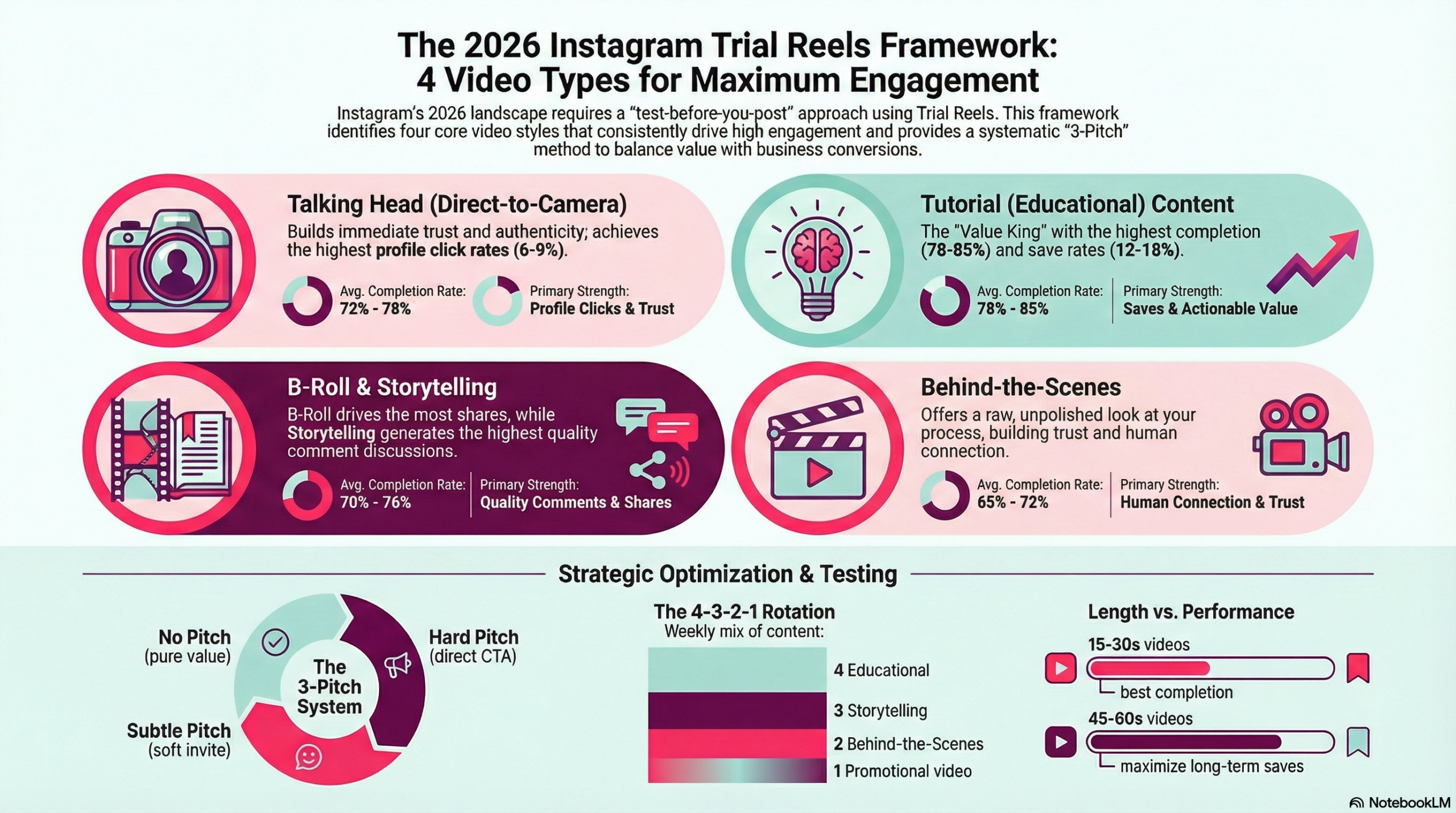 The 2026 Instagram Trial Reels Framework infographic showing 4 video content types for maximum engagement: Talking Head videos (72-78% completion rate), Tutorial Educational content (78-85% completion rate), B-Roll Storytelling (70-76% completion rate), and Behind-the-Scenes content (65-72% completion rate). Includes 3-Pitch System strategy, 4-3-2-1 rotation schedule, and video length optimization guidelines.