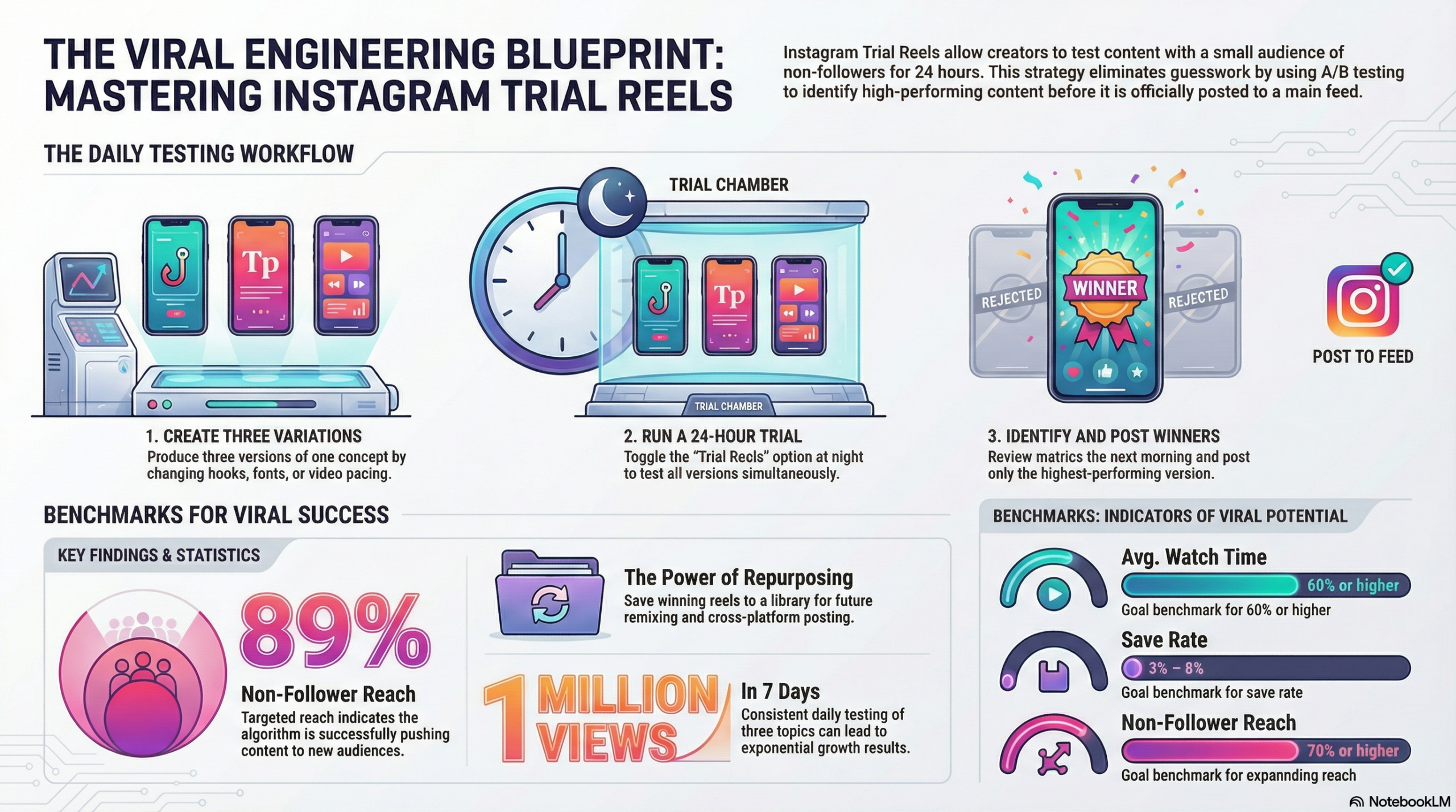 The Viral Engineering Blueprint infographic showing Leslie M Lyon's Instagram Trial Reels strategy framework for mastering viral content