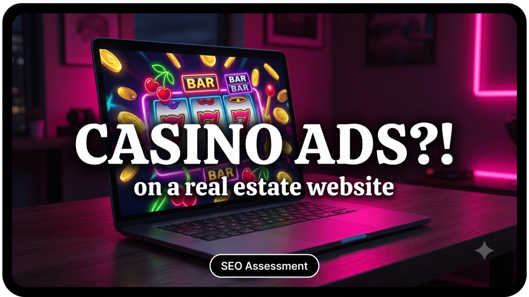 A laptop covered in neon casino slot-machine graphics, headline reading Casino Ads on a real estate website.