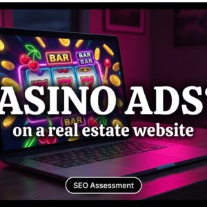 A laptop covered in neon casino slot-machine graphics, headline reading Casino Ads on a real estate website.