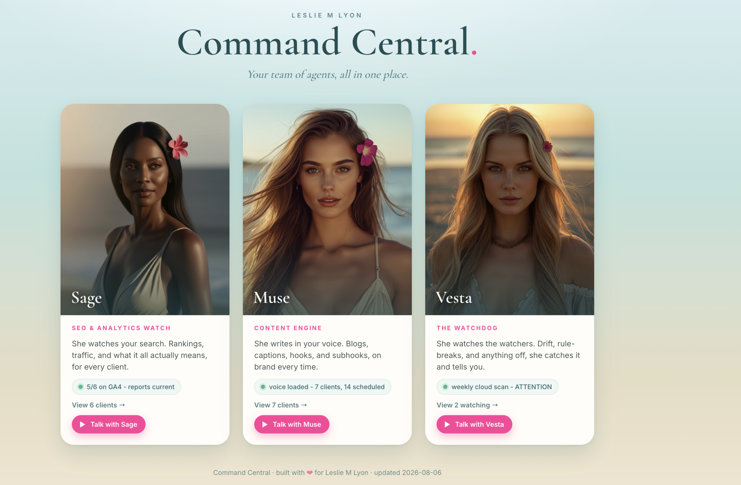 Leslie's Command Central dashboard: Sage, Muse and Vesta