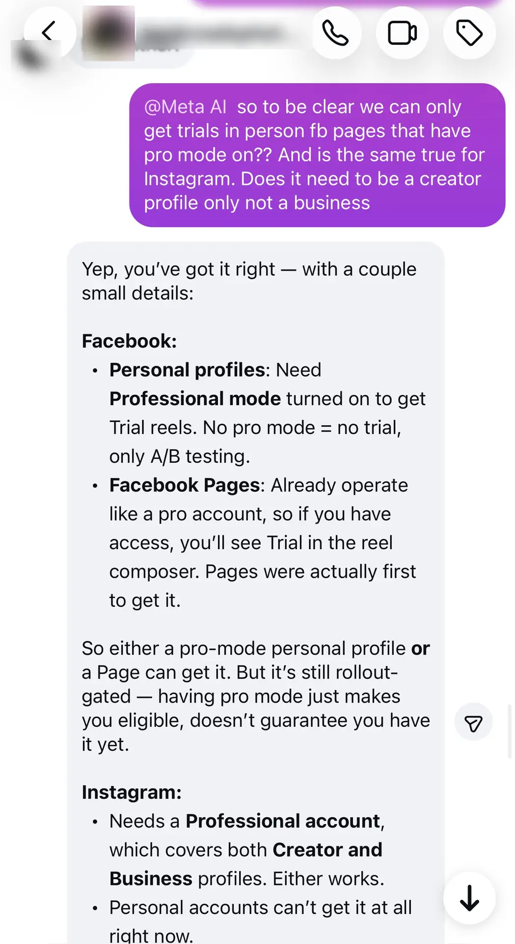 10 of 12: Meta AI confirms: Facebook needs pro mode or a Page, Instagram needs a professional account, creator or business