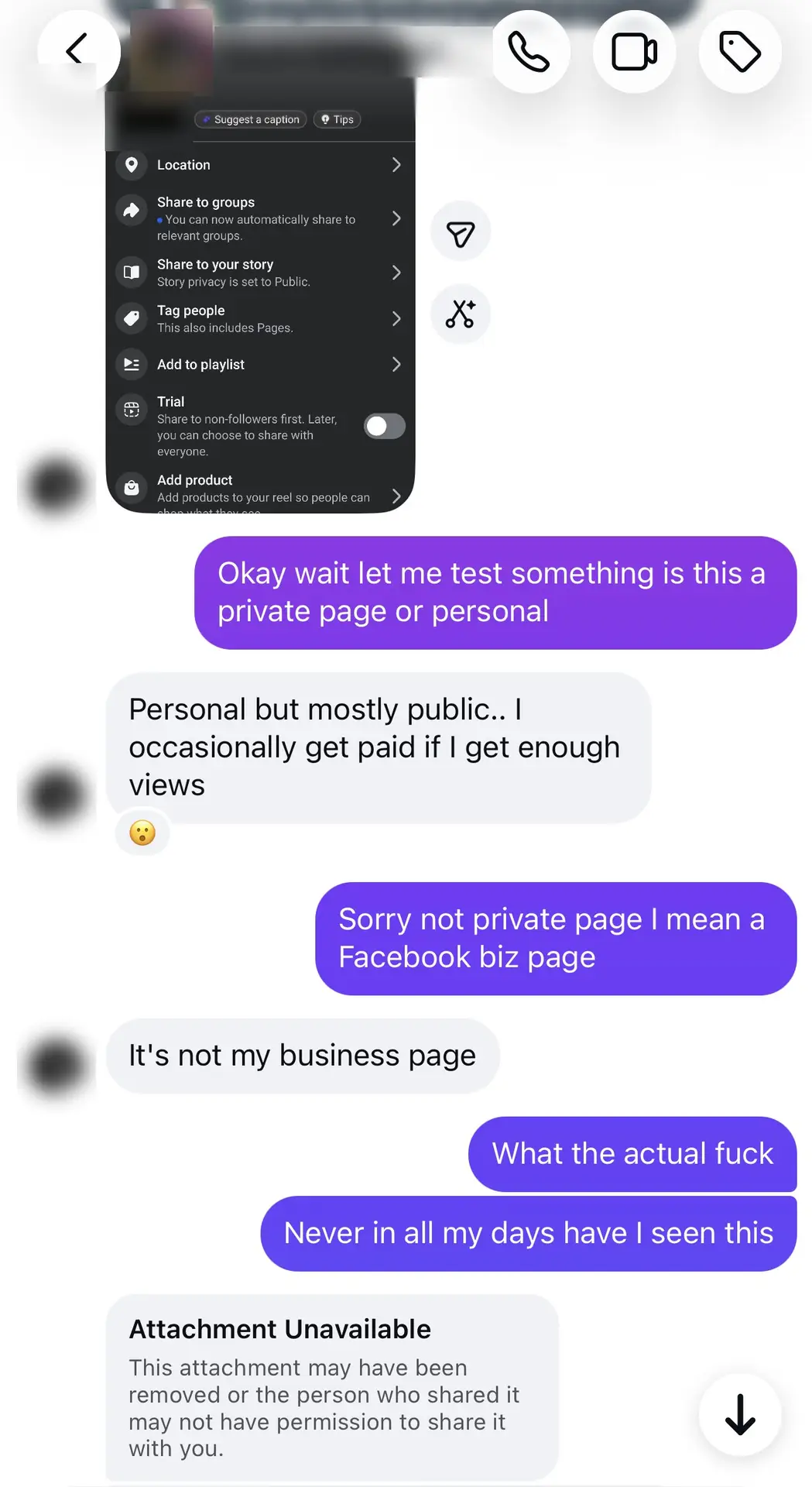 2 of 12: The proof: the Facebook share sheet with a Trial toggle. Personal profile, not a business page.
