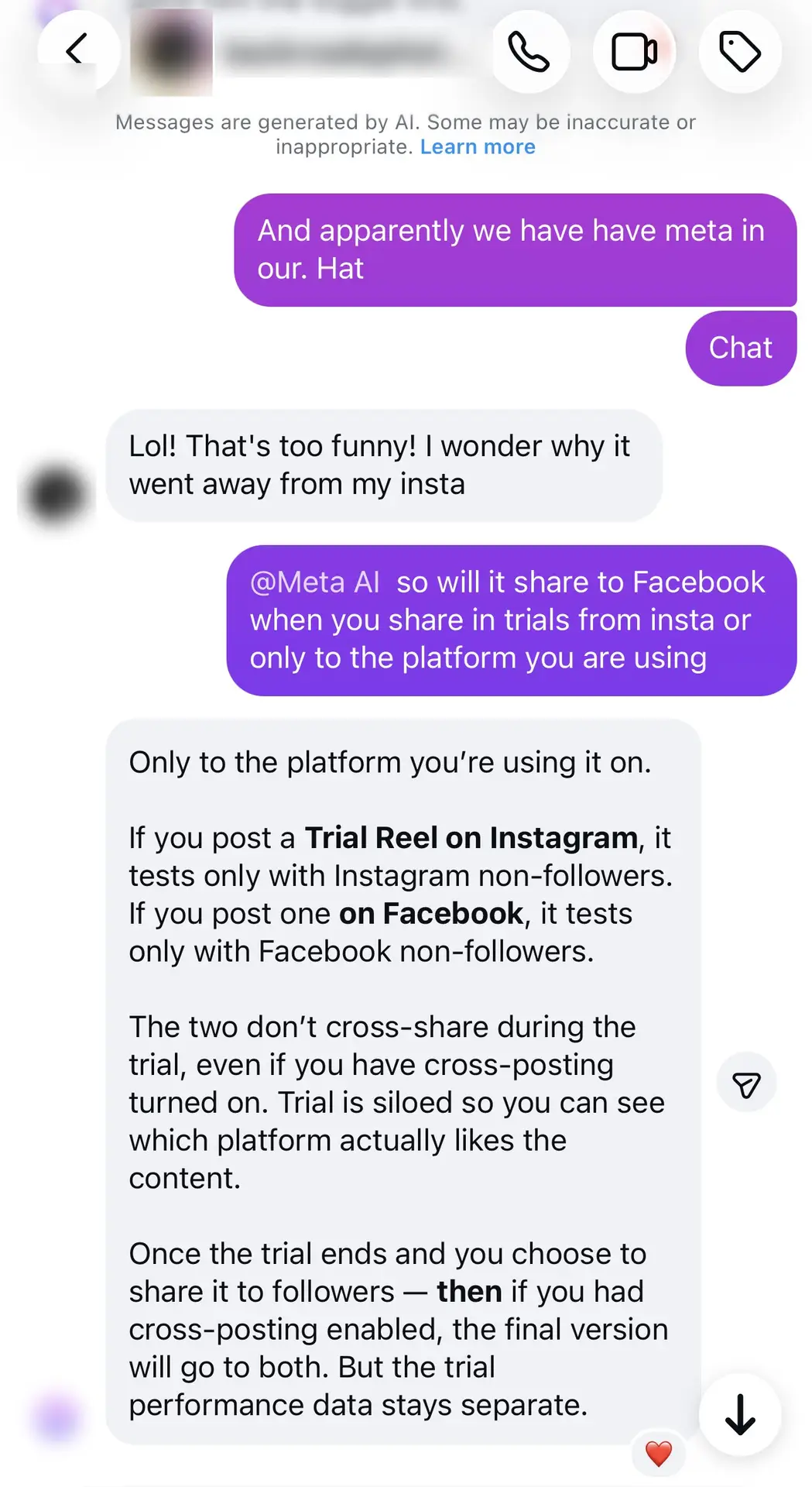 5 of 12: Meta AI: a trial only runs on the platform you post it on. The data stays separate, even with cross-posting on.