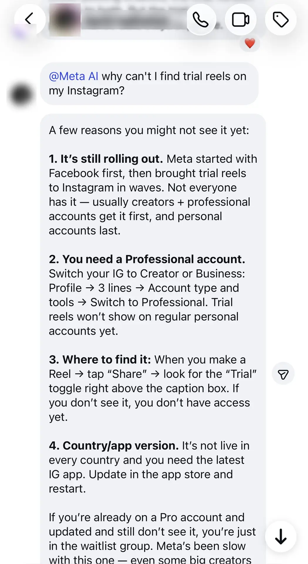 6 of 12: He asks why his Instagram lost them. Meta AI: rollout in waves, professional account, the toggle is in the composer.