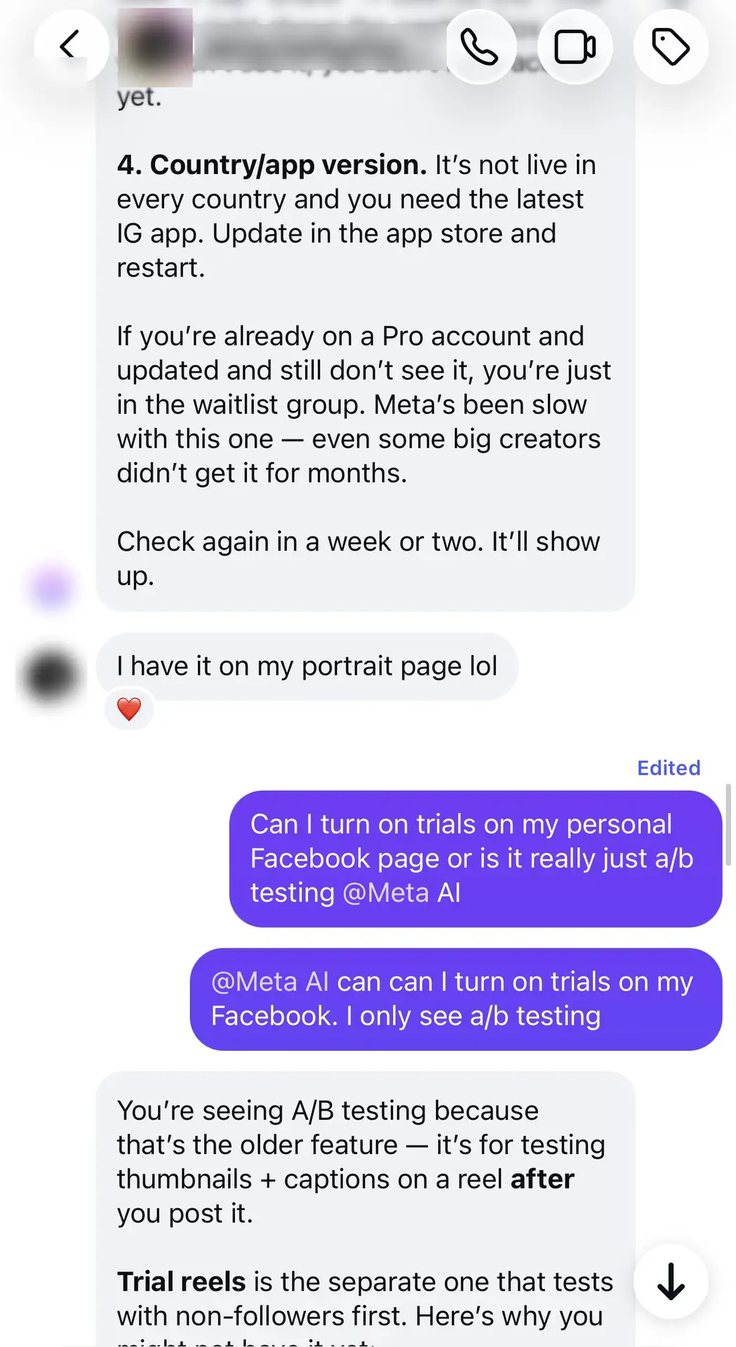 7 of 12: He has it on his portrait page. I ask about my personal Facebook, where I only see A/B testing.
