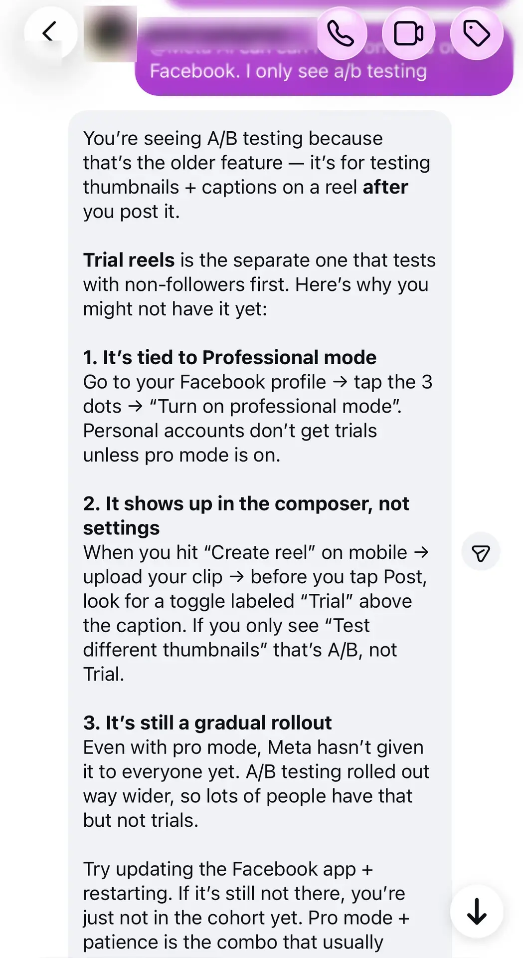8 of 12: Meta AI: A/B testing is the older feature for thumbnails and captions. Trials are separate and tied to professional mode.