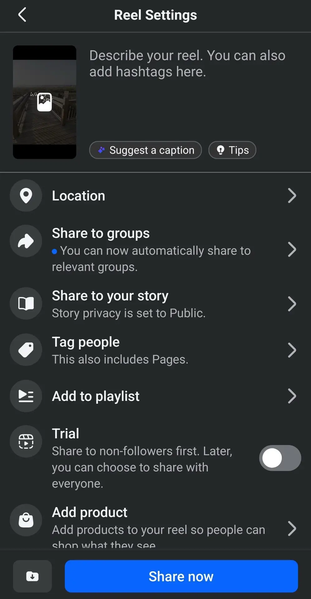 Facebook Reel Settings screen showing the Trial toggle: share to non-followers first, later you can choose to share with everyone