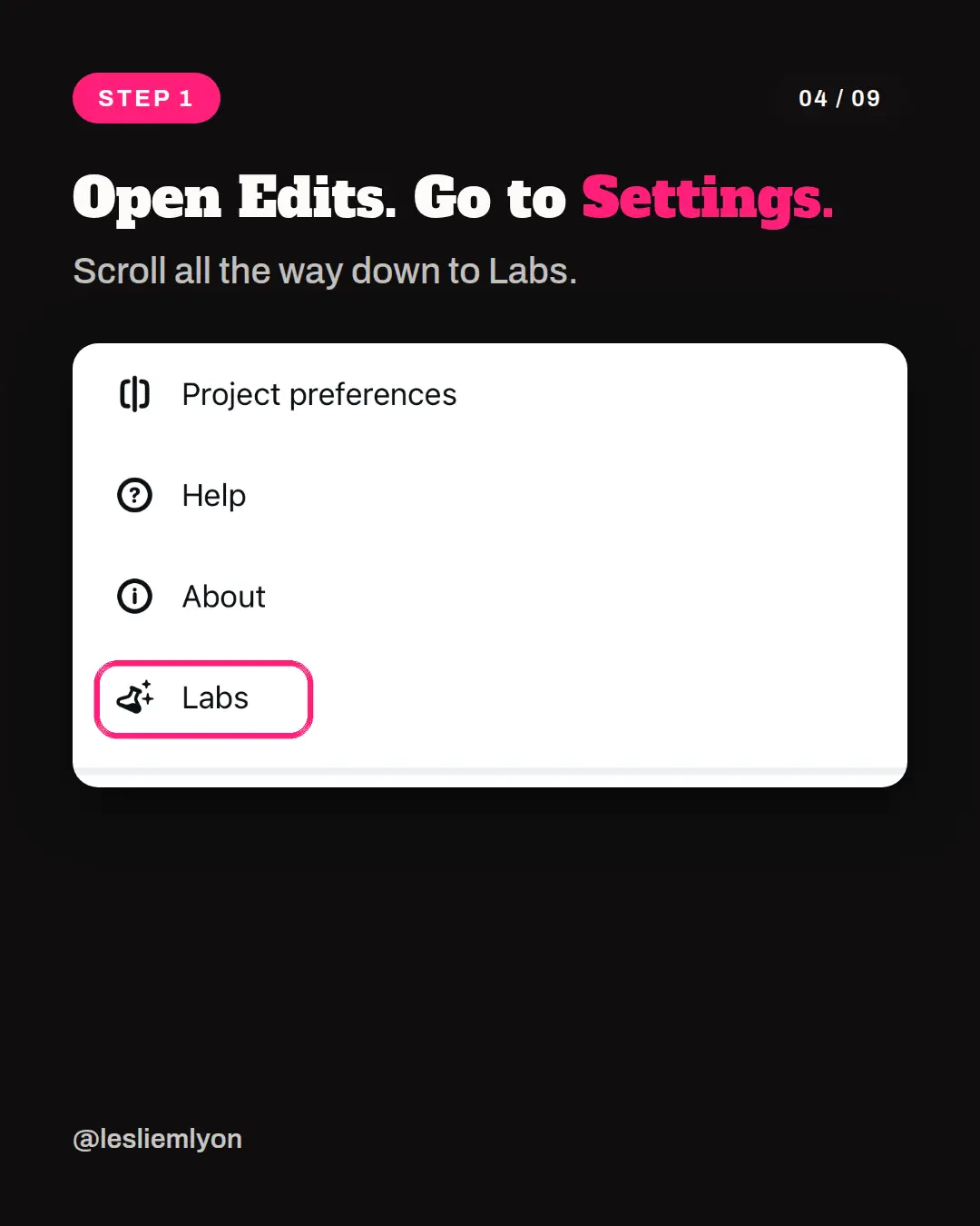 Edits app settings menu with Labs highlighted at the bottom