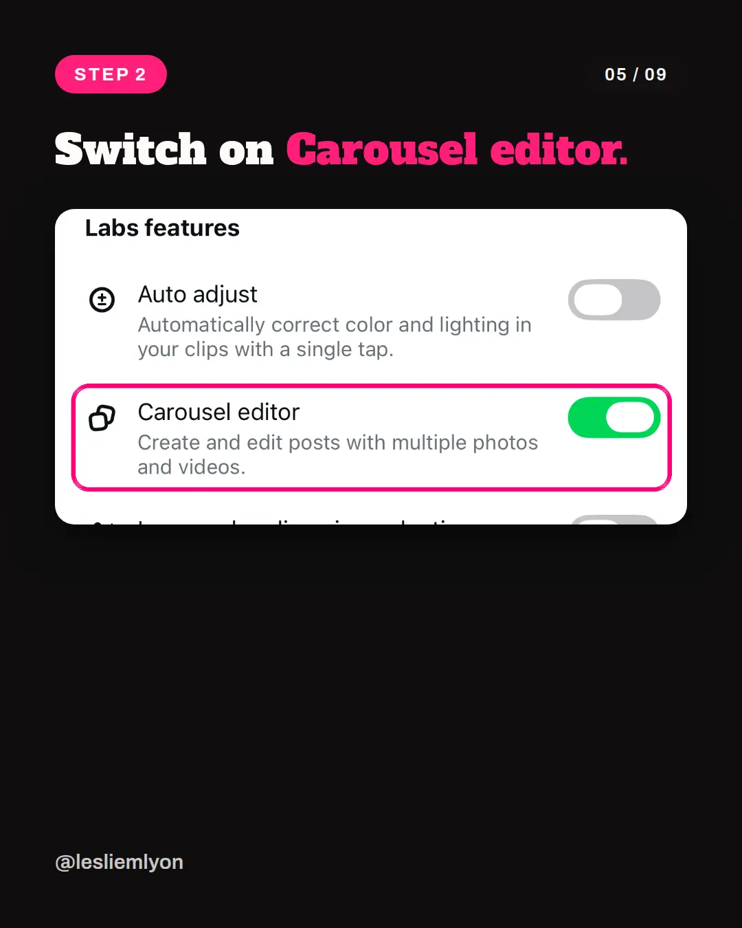 Labs features screen in Edits with the Carousel editor toggle switched on